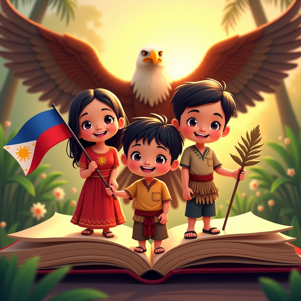 Create a traditional and modern logo for Buwan ng Wika (National Language Month) featuring three people smiling with bright teeth, brown skin tone, (half body) standing close together popping from a book in the BACKGROUND, NATURE BACKGROUND, wearing traditional Filipino attire, and a philippine eagle in the back spreading out its wings. The central figure, a girl holding the Philippine flag in a traditional Filipino dress consisting of a dirty white blouse (Baro) and a red skirt (Saya). The two accompanying figures, one boy in a barong tagalog and the other one boy dark skin in tribal attire, overall 3. Use the colors of the Philippine flag and any other colors that represent the topic. The composition should be in a fish point of view. (warm tone) (golden hour) (close up of the face), vibrant colors.