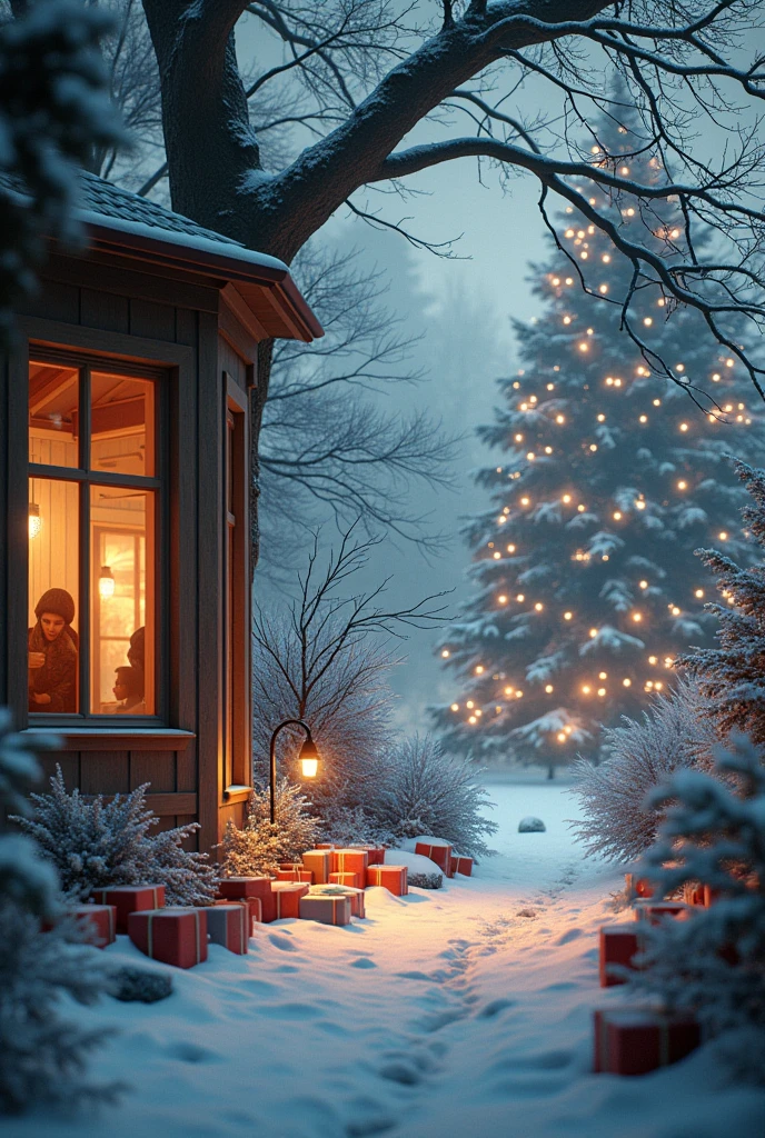 seen from afar, inside next to a tree with lots of presents