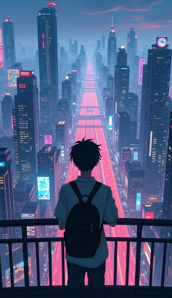 anime cyberpunk theme teenage boy looking at the city from a balcony overlooking a city(wide angle view), makoto shinkai cyril rolando, makoto shinkai. —h 2160, style of makoto shinkai, in style of makoto shinkai, ( ( makoto shinkai ) ), makoto shinkai. digital render, makoto shinkai!, beautiful anime sceneHawaii, gta vice style , illustration , reteo comic illustration