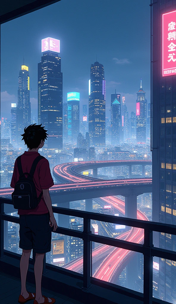 anime cyberpunk theme teenage boy looking at the city from a balcony overlooking a city(wide angle view), makoto shinkai cyril rolando, makoto shinkai. —h 2160, style of makoto shinkai, in style of makoto shinkai, ( ( makoto shinkai ) ), makoto shinkai. digital render, makoto shinkai!, beautiful anime sceneHawaii, gta vice style , illustration , reteo comic illustration