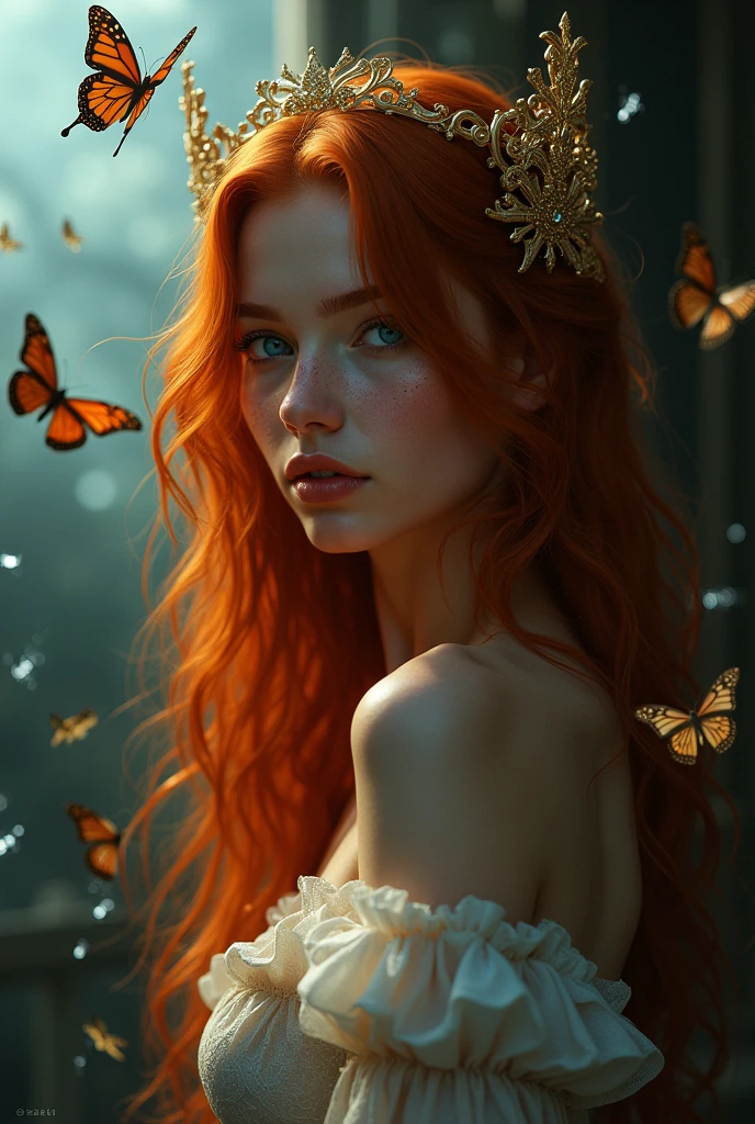 (solo, full body photo:1.3), (action packed:1.3), (haze, fog, mist:1.3), chiaroscuro, best quality, photorealistic, 1woman, (cute), (24yo:1.2), redhead, long ginger hair highly detailed, 1700'S, digital photography, art by artgerm and ruan jia and greg rutkowski surreal painting gold butterfly filigree, broken glass, (masterpiece, sidelighting, finely detailed Fashionable eyes: 1.2) (perfect oval large eyes that gazes at the viewer), beautiful detailed face, blue gorgeous perfect eyes, (blonde hair ponytail), (attractive young woman:1.3), (thick amazing hair), (seductive:1.1), (blushing:1.1)