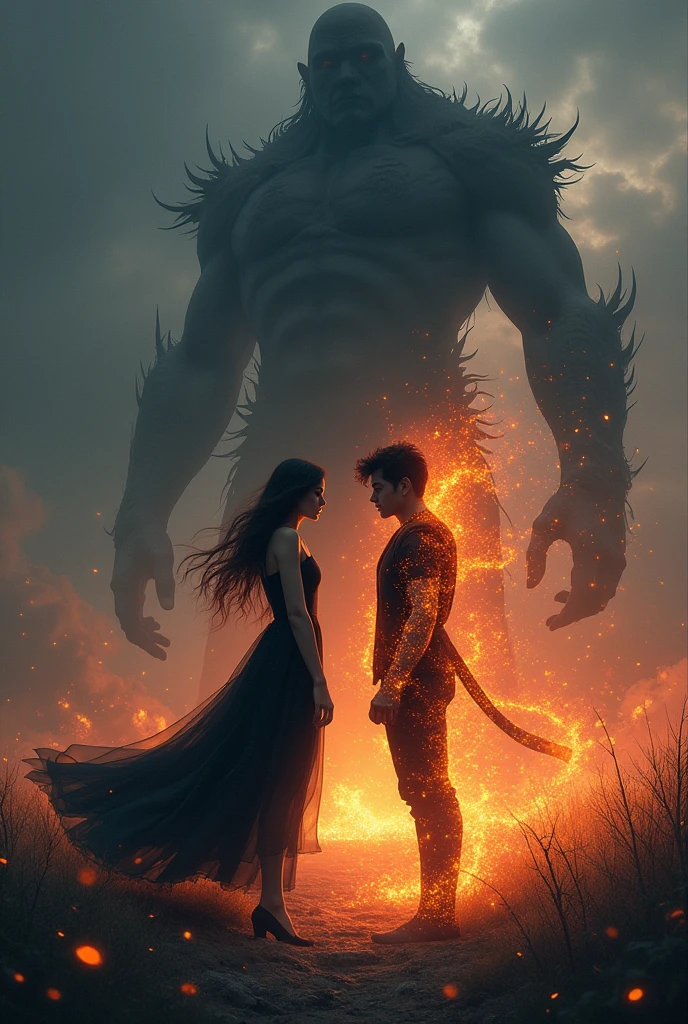 A cover for a novel called Goddess of Darkness -Nothing is what it seems-.
That there is a girl in a black dress looking at a boy of fire and he is also looking at her face to face ( couple style) and in the background of them a silhouette of a titan.