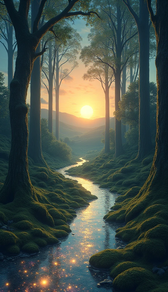 Create a scene where reality and dreams blend seamlessly at the boundary. On one side, depict a serene forest at twilight, with tall trees, soft moss underfoot, and a distant sun setting behind rolling hills. The colors should be natural and calming, with gentle hues of green and amber. On the other side, the scene transitions into a dreamlike realm—here, the trees become ethereal and translucent, with their branches twisting into surreal shapes. The ground should shimmer with a mosaic of glowing symbols and shifting patterns. In the sky, the sun dissolves into a swirl of stars and galaxies, blending shades of indigo, purple, and gold. The boundary between these two worlds should be subtle but distinct, perhaps marked by a soft, glowing mist or a veil of light that undulates as if alive. The overall mood should be one of mystery and wonder, inviting viewers to step from the familiar into the unknown.