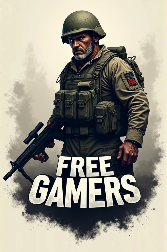 I'm looking for a logo that depicts a soldier who has fought tirelessly., in front of him a phrase that says (FREE GAMERS)