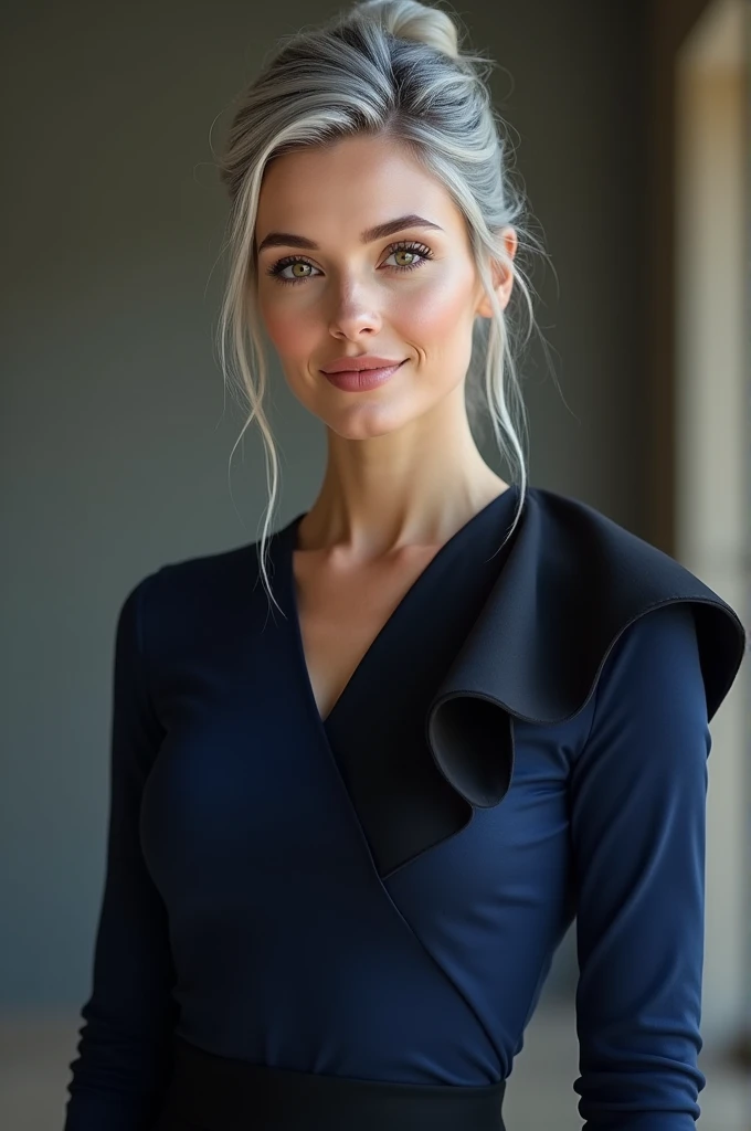 high-end french styled hair bun colored grey,her eyes are close-set with hazel iris, nose was snub,also wearing an asymmetric dark blue top and a short black pencil skirt,female, British