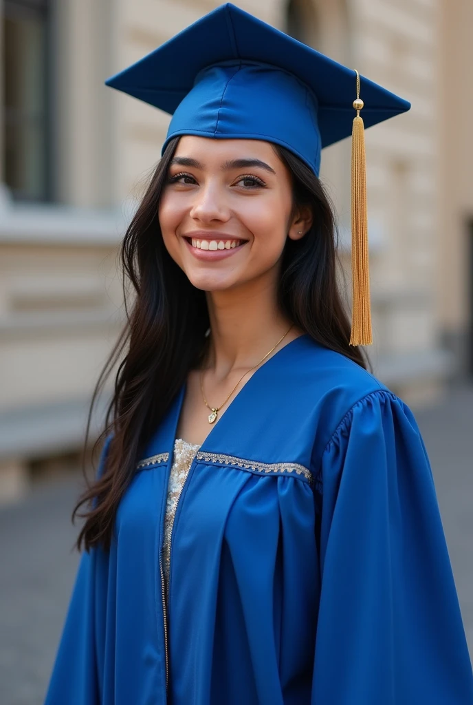 Plestia alaqad have 20 years old Wearing blue graduation clothes 