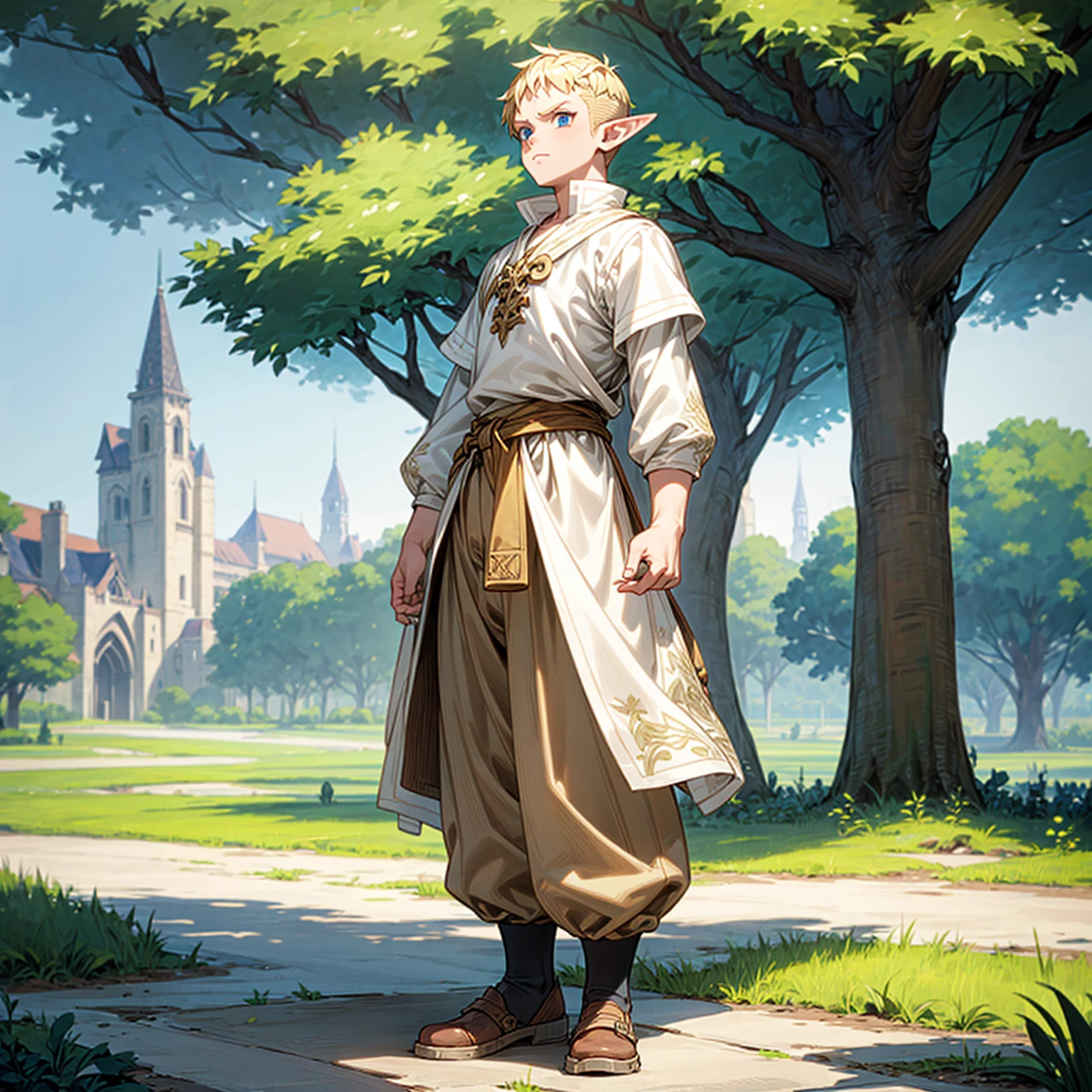 Solo character, full body version, kid boy, big muscle, (elf), blue eyes, blonde color hair, undercut hair, casual clothing, white color clothing, brown long pants, shoes, outdoor, park, village, medieval, standing gesture, detailed background, detailed clothing, detailed hair, (one piece style art)