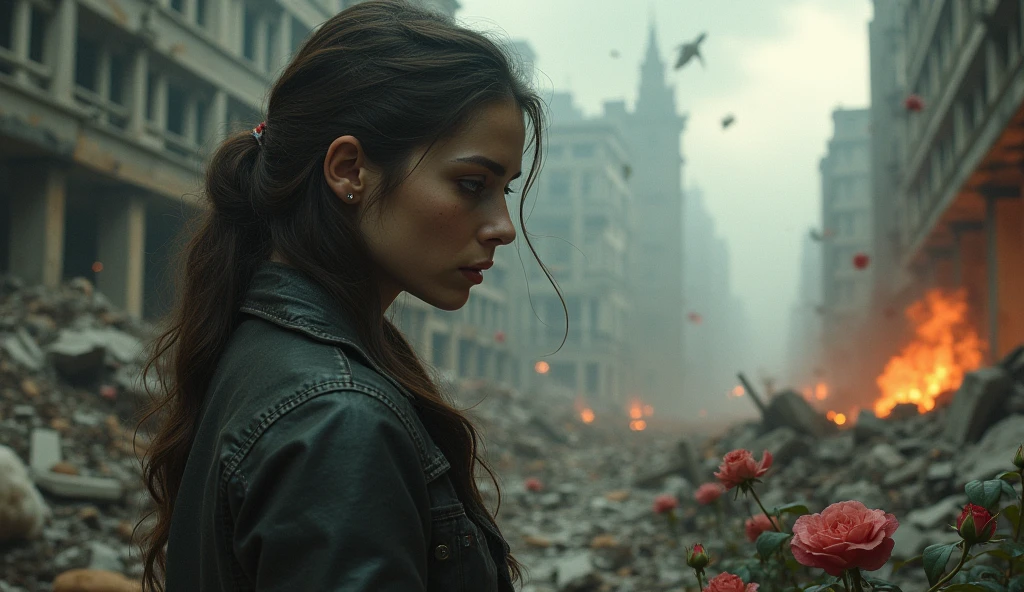 2024; (masterpiece, best quality) destroyed city roses on the floor(London); flowers on the ground; 1sad woman sold looking Down(close-up); bombs falling from the sky.; fire around.