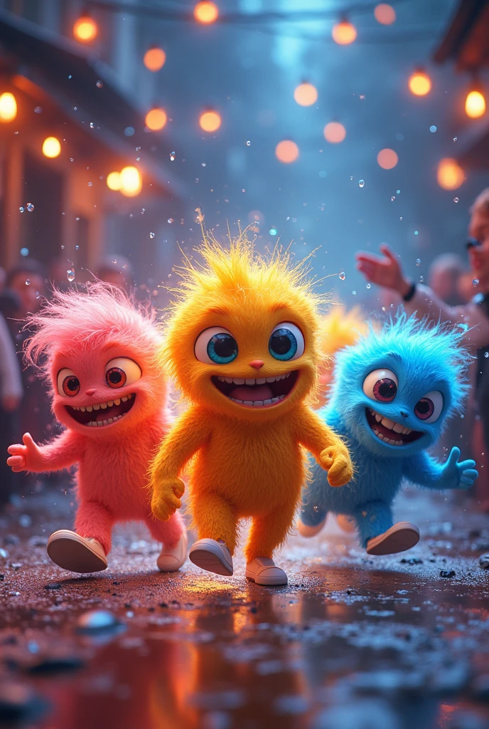 The Alkali Metals—Lithium, Sodium, Potassium, Rubidium, Cesium, and Francium—arrive at the party, depicted as energetic and slightly mischievous characters. They are shown reacting with animated water droplets, creating bright flashes and sparkling effects to illustrate their high reactivity. The scene should have a dynamic feel with glowing energy effects and a splash of colors to emphasize their lively nature.