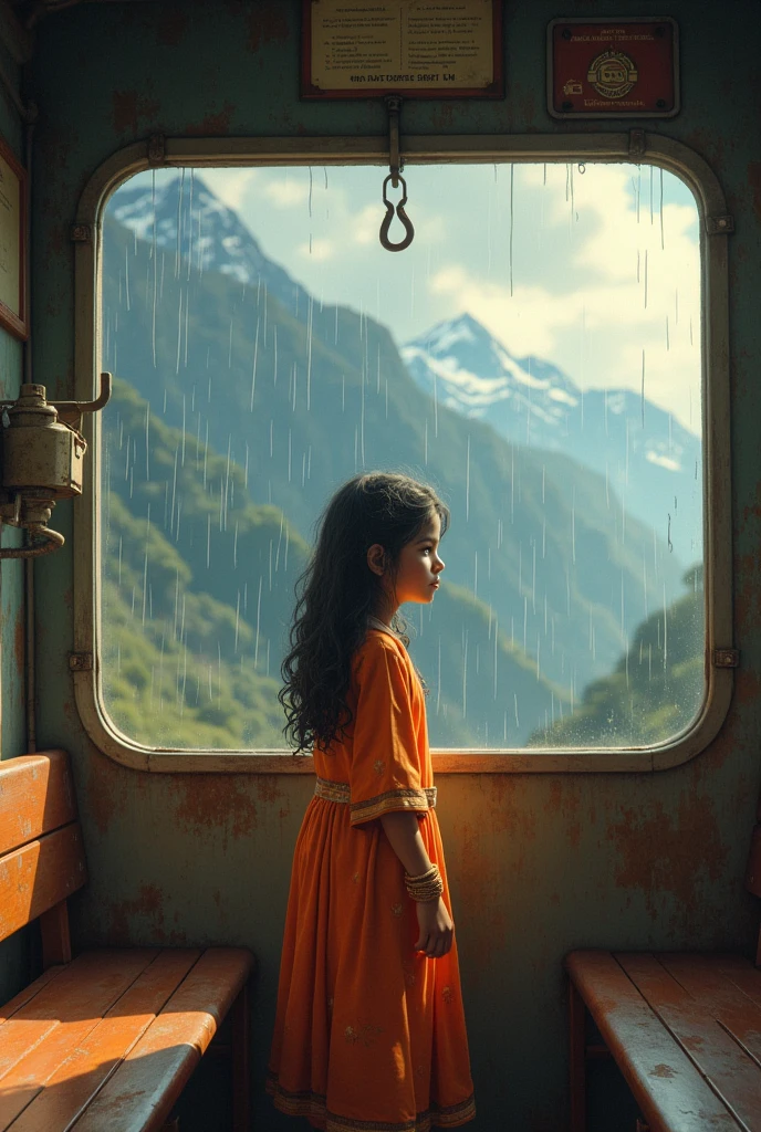 Cute indian girl standing in train and raining and some mountains in background 