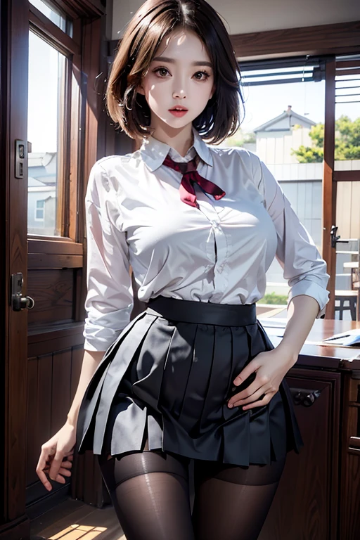 photorealistic, high resolution, 1women, 独奏, hips up, look at viewer, (detailed face), Short Bob
, school uniform, mini skirt、(Pleated skirt),Perfectly symmetrical eyes、Fuller lips、(Ultra-realistic pantyhose)、Ample breasts、Narrow waist、Thigh