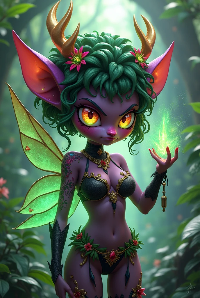 Prismatic coloration. Jungle like environment. A Short young Gremlin like Plant woman with a Deep purple skin tone. She has a gorgeous set of B-cup breasts, curvaceous hips, Slender Legs, & a round but small ass. She has short leaf green curly hair stopping at the top of her neck with various flowers growing within. She is wearing a revealing Yet royal Black & Purple Bikini like armor exposing much of her chest area with Golden celestial designs. She wears an otherworldly royal Tiara on her head. She has a serious face with a sad frown & a stern gaze in her sharp Rainbow Glowing eyes with black sclera & a heavily freckled form. She has long sharp Transparent Crystal like Blood-Red Demonic horns radiating heavenly energy & a set of elegant Elven ears. She has long Ruby red vine like tattoos running all around her body accompanied by Crimson Star-like Tattoos running along them. She has a small cute deer like snout. She has large Crystal Golden Fairy-like wings with a starlike pattern. She is seen in a battle stance summoning verdant green Stardust magic from her fingertips.