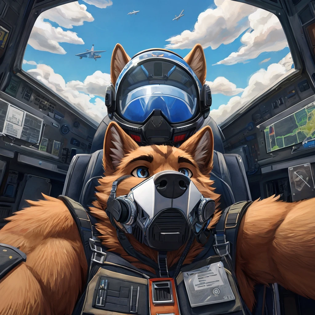 Fighter jet cockpit, front view, furry, art, canine, brown fur, fluffy, fighter pilot helmet, black semitransparent visor on, fighter pilot oxygen mask on, clouds, another fighter jet chasing him behind, front view fighter jet cockpit, seat