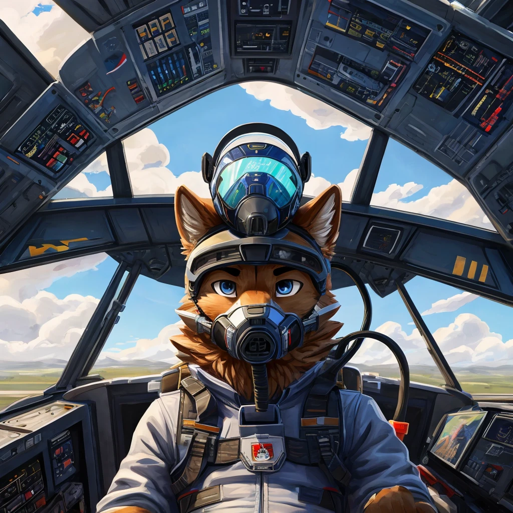 Fighter jet cockpit, front view, furry, art, canine, brown fur, fluffy, fighter pilot helmet, black semitransparent visor on, fighter pilot oxygen mask on, clouds, another fighter jet chasing him behind, front view fighter jet cockpit, seat