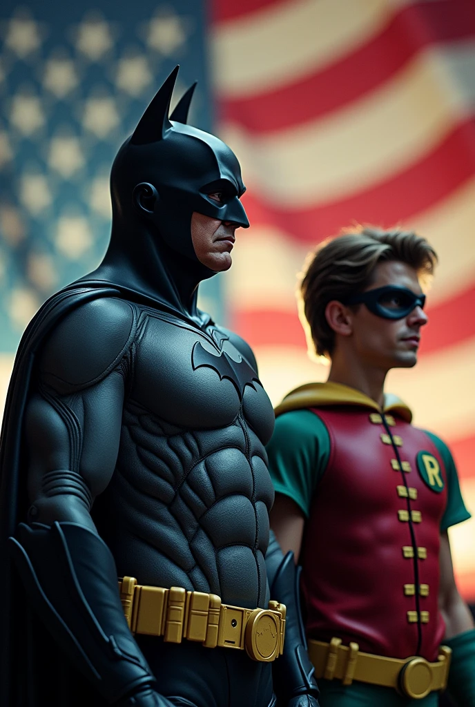 An accurate image of Donald Trump, dressed as batman, next to a realistic picture of RFK Jr., RFK jr. dressed as Robin - and have an American flag behind them, the image needs to bo 1080 x1080.