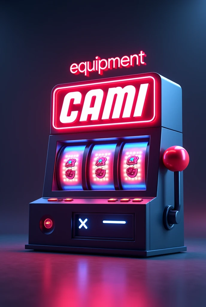 a slot, above that says "equipment" in small red and bigger that says "CAMI X-BET" in white. head on, a cartoon slot type triangle IN BIG
