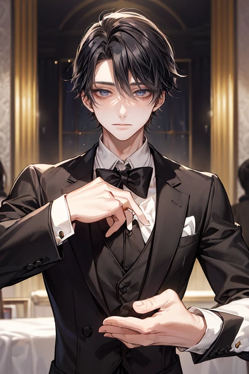 (Mastepiece)、(Best Quality)、Very detailed、((Two friendly butlers:1.4))、Perfect Face、Beautiful Face、Very detailedな顔、(Black-haired butler:1.3)、(White-haired butler:1.3)、Deacon's uniform、flower