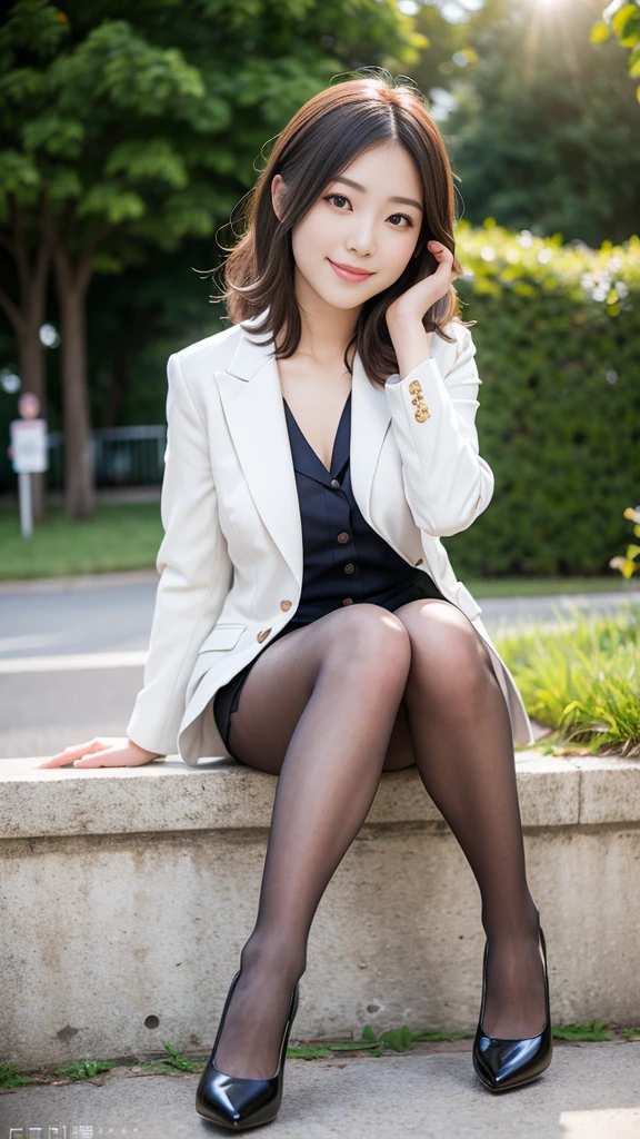 Pure Japanese girl, outstanding body, beautiful legs, wearing formal suits, (pantyhose), high heels, vivid makeup, arranged hair styles, sexual smile, sitting, secret temptation, spread wide legs, lift up skirt, professional portrait photography, soft sunlight,