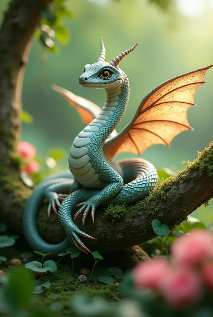 Cute beautiful snake with four feet and wings that was attractive Without horns and with feet on a tree in a garden that talks