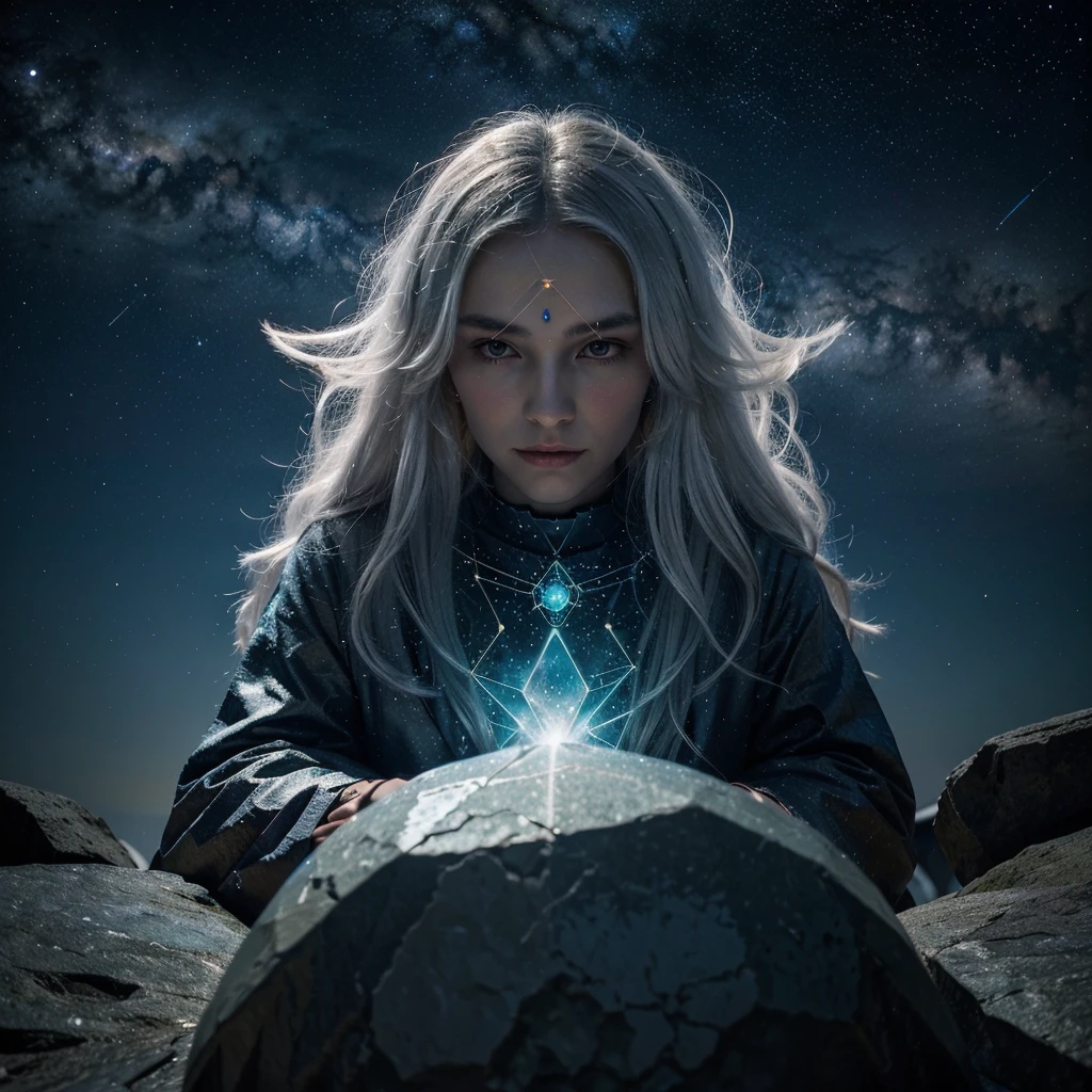 An elderly, wise figure with long white hair and a beard is seated on a rocky outcrop. Above this figure, a complex array of celestial symbols and diagrams suggests an astrological or mystical connection, set against a star-filled night sky. The intricate cosmic background enhances the vibrant, bright colors of the scene. Behind the character's head, a large circle of seven overlapping luminous colors draws attention to the colorful display around the figure. The design combines elements of translucent crystalline glass with subtle futuristic themes, incorporating mystery, cosmic beauty, and spirituality. The character appears powerful and otherworldly, reflecting the enigma and cosmic energy.