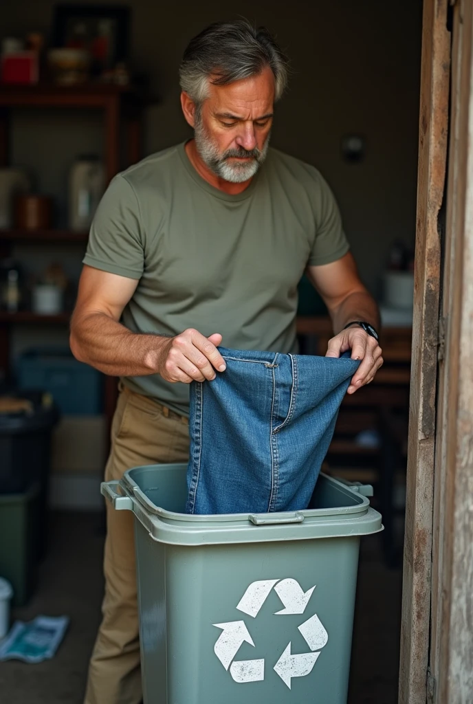 Generate a pic on a man keeping a old jeans in recycling box