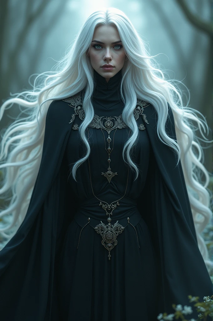 Create a gray skin color vampire, long white hair in a forest near a castle full of vampires, gargulas, and werewolves. Gothic theme