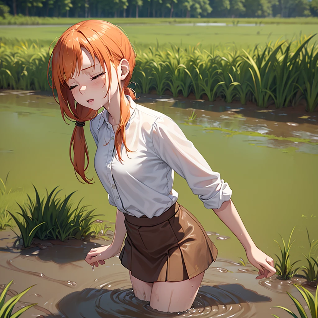 Solo girl, sweet ginger girl, 1 girl, muddy, dirty, ginger ponytail hair, drowning in quicksand, mud, swamp, bog, grass, trees, white blouse, red miniskirt, (orgasm:1.5), (looking up:1.3), (eyes closed:1.4), from the torso up, (from side:1.4)