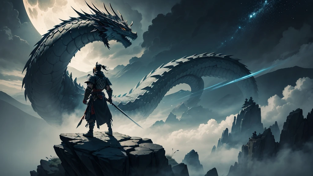 In this striking ink painting, a lone samurai stands in a dynamic, contemplative pose atop a rugged cliff, gazing up at a colossal dragon that coils through the sky. The samurai, clad in traditional armor, holds a katana with a firm grip, its blade catching the glint of the moonlight. His stance is resolute, embodying a mix of respect and readiness.

The dragon, majestic and serpentine, is rendered with sweeping, fluid brushstrokes, its scales shimmering with intricate detail. It winds through the clouds, creating a stark contrast against the dark night sky. The dragon’s eyes are fierce and wise, reflecting a deep, ancient intelligence.

The ink painting captures the tension and beauty of the encounter, with the interplay of shadow and light highlighting the intricate textures of both the samurai’s armor and the dragon’s scales. The overall composition emphasizes the epic scale of the dragon compared to the lone figure of the samurai, evoking a sense of awe and the timeless struggle between man and mythical beast.