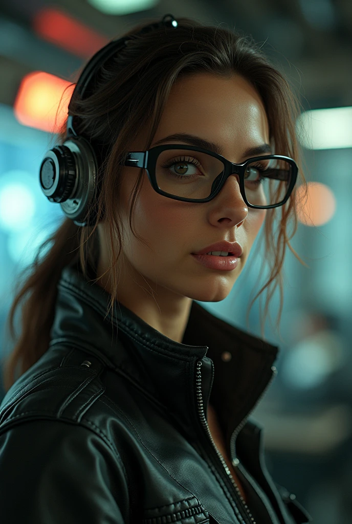 (Cyberpunk Military Scientist:1) (1 female) Dark theme :: Focus on facial close-ups, Curious face, Katee Sackhoff face, Surreal future cyberpunk tall athletic woman, :: Medium brown hair, Futuristic glasses nerd :: Inside the cyberpunk office :: Brown eyes :: Natural Lighting :: Bokeh :: 8K :: best quality :: masterpiece :: Extremely detailed:1.5