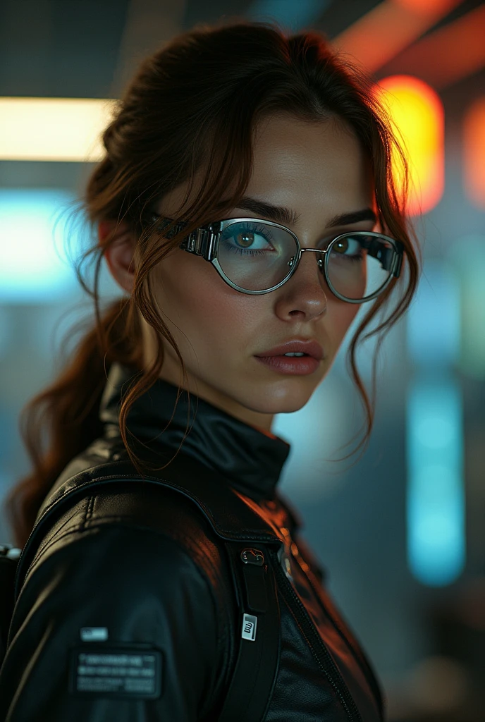 (Cyberpunk Military Scientist:1) (1 female) Dark theme :: Focus on facial close-ups, Curious face, Katee Sackhoff face, Surreal future cyberpunk tall athletic woman, :: Medium brown hair, Futuristic glasses nerd :: Inside the cyberpunk office :: Brown eyes :: Natural Lighting :: Bokeh :: 8K :: best quality :: masterpiece :: Extremely detailed:1.5