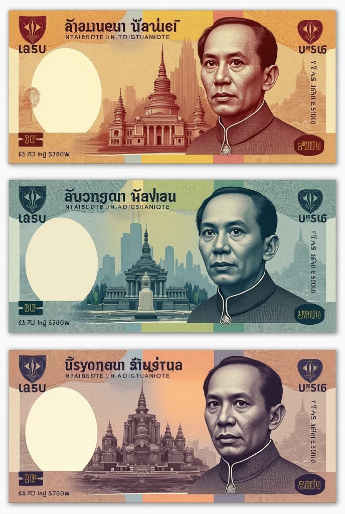 I wanna make my own banknotes for 100, 200, 500, 1000, 5000, 10000, 50000 RISES as usual, in different colors. At the front side of 15.5 cm x 6.9 cm of notes, General Aung San pic will appear with the value, and at the back, different Myanmar’s popular places will appear. Note; white watermark is at the left side of front view, and if couse at the right side of back mote. Make them in one sheet as a professional. Make them attractive like thai bahts