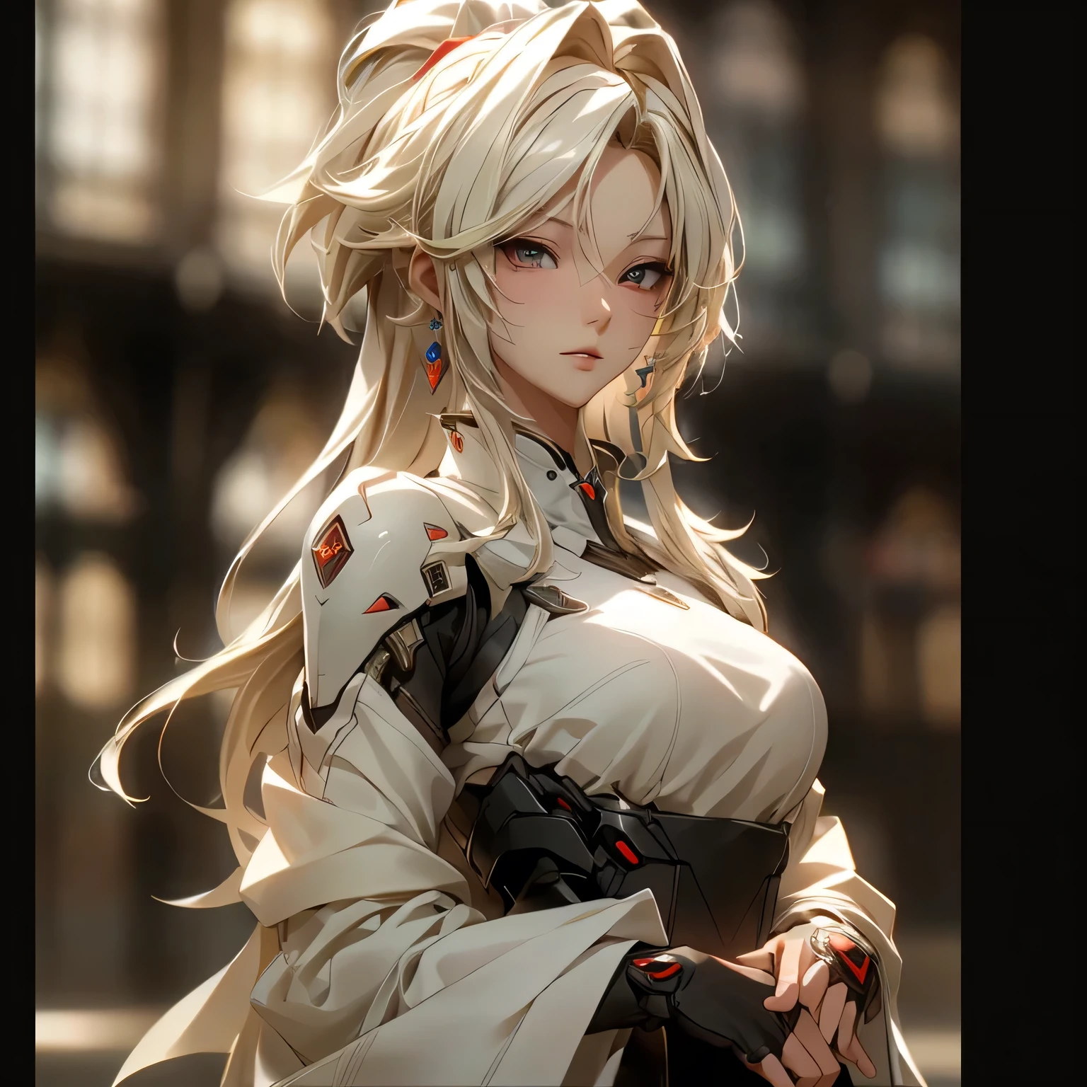 Create a high-quality sketch of a stunning 29-year-old woman with dark brown skin standing directly in front of the viewer. She has brown eyes, long curly white hair, and distinctive vampire fangs. Her physique is beautifully curved, and she is dressed in a fitted, long-sleeved button-up shirt dress. The background should be shaded with shadows to add depth to the sketch, and the lighting should enhance the overall composition. Aim for the highest quality in execution, making it a masterpiece.
