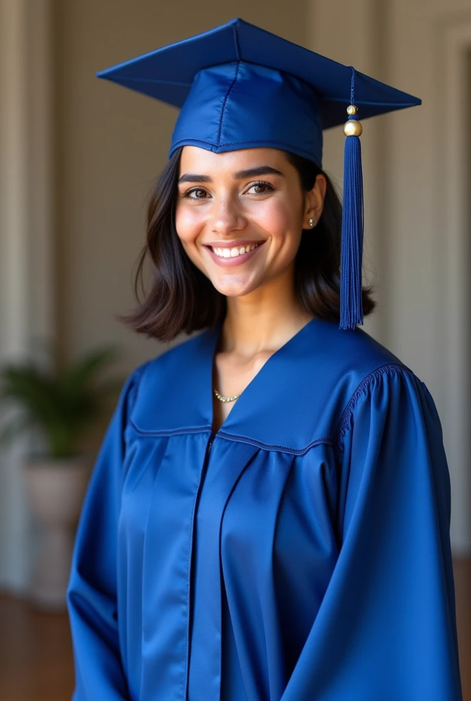 Plestia alaqad have 20 years old Wearing blue graduation clothes 