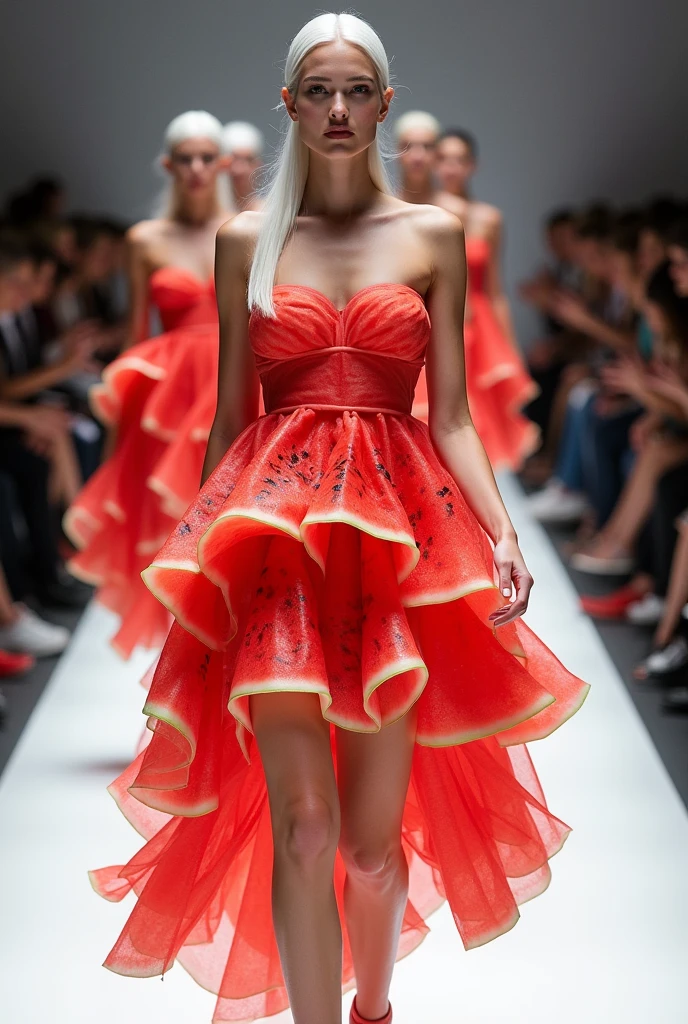 Imagine an avant-garde runway show featuring models wearing dresses made entirely of watermelon slices, showcasing the creativity and innovation in fashion design. The watermelon outfits could be adorned with intricate patterns or textures to create unique designs that exude style and individuality. In contrast, the models could wear white hair.