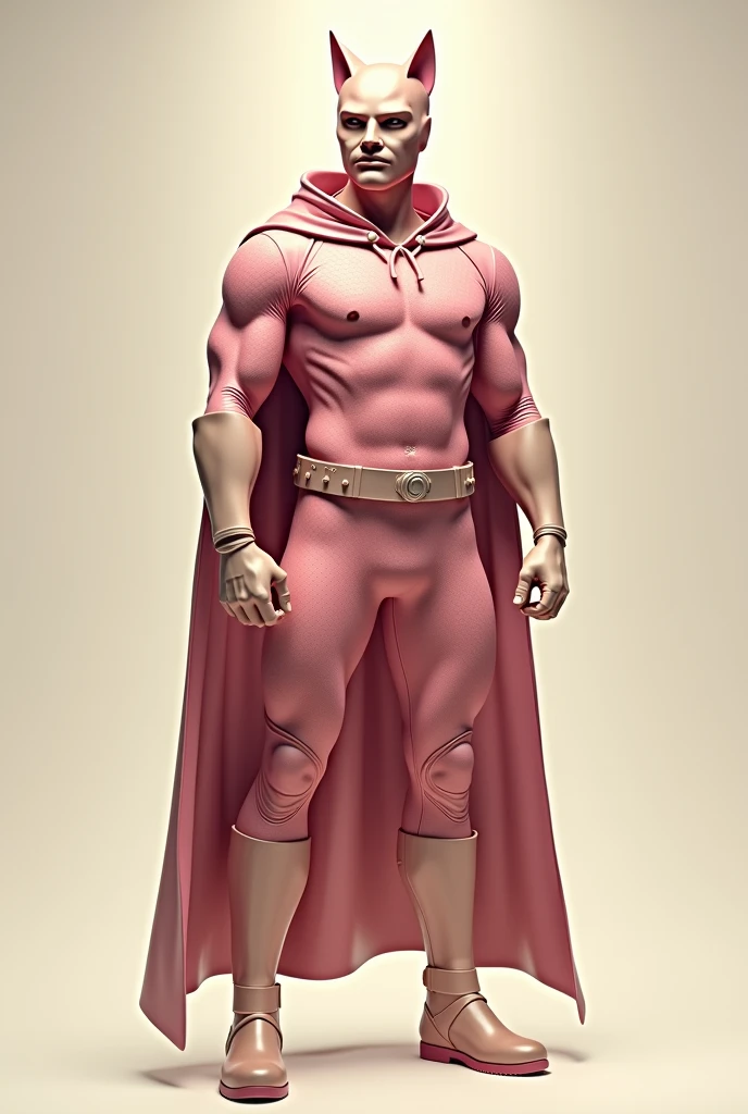 Malaysia Man wear cat mask ((beige color)). Cape(( beige color)). Jumpsuit pink latex mini scale hexagon . Male hero. Boots beige. Beige color . Concept form daredevil marvel.
