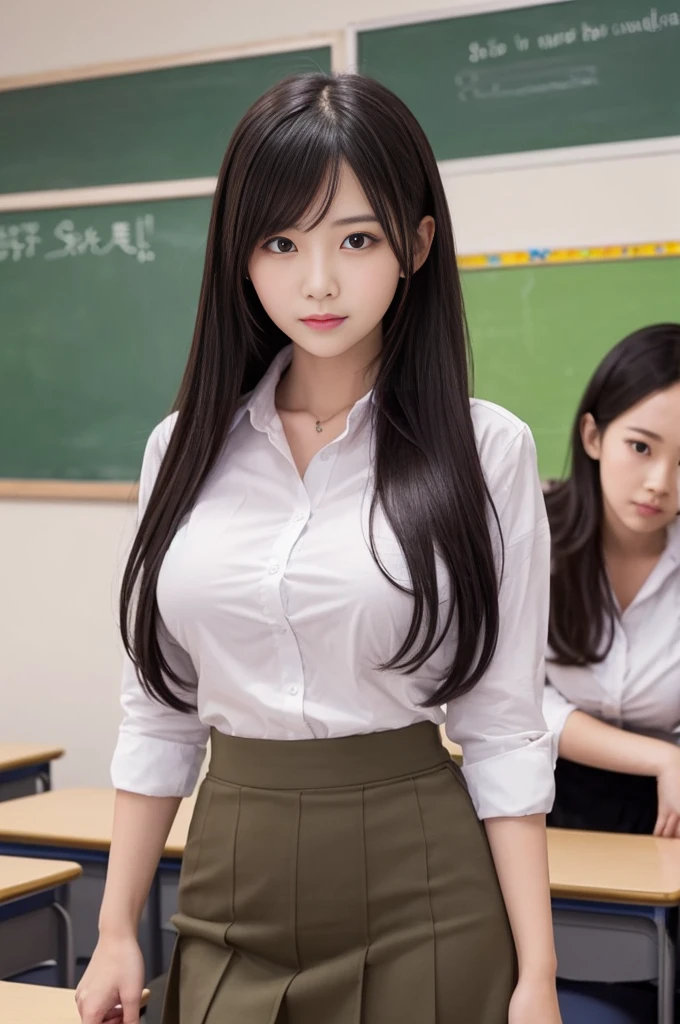 Three Women、student teacher、classroom、All in white shirts and tight skirts、The first one has long black hair, big breasts, and resembles Saito Asuka.、The second person has medium-long brown hair and a D cup.、The third person has long black hair and big breasts.、whole body、All three are standing