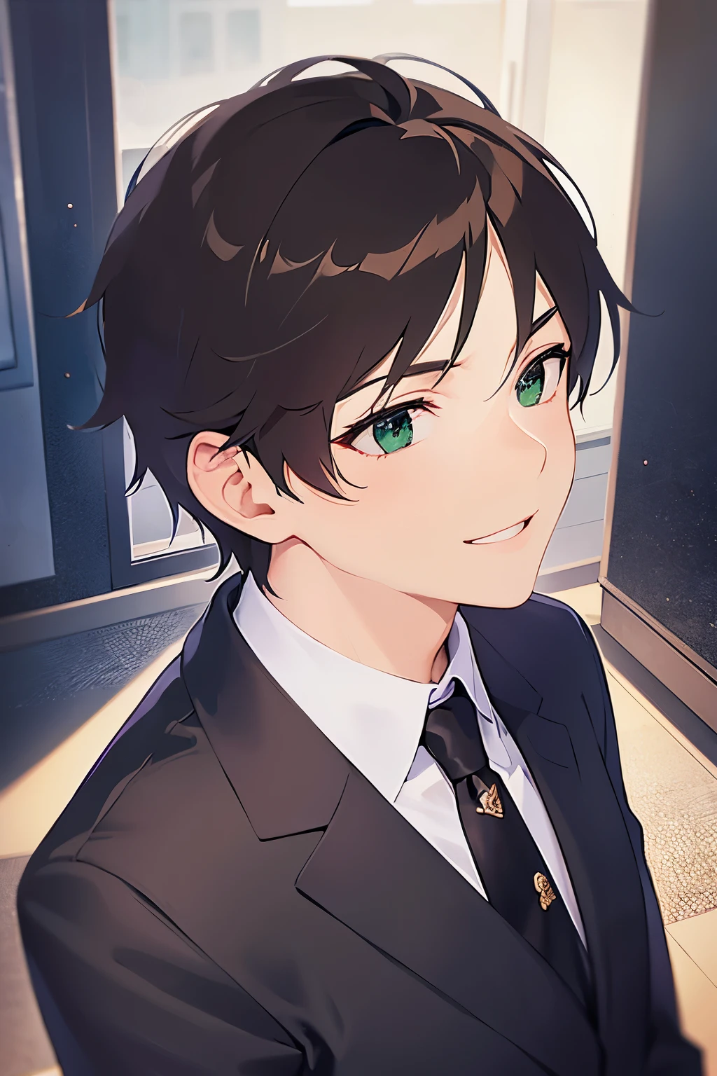 side angle, (looking away:1.5),upper body、shiny skin、masterpiece、Highest quality、BREAKld male:1.5) and (Brown short hair) and (Green Eyes)BREAK、 BREAK (Wearing a suit:1.5) and (Green tie:1.5)BREAK、 (smile:1.3),open mouth,Are standing、The background is the office、(alone:1.5)、Upper body is shown、