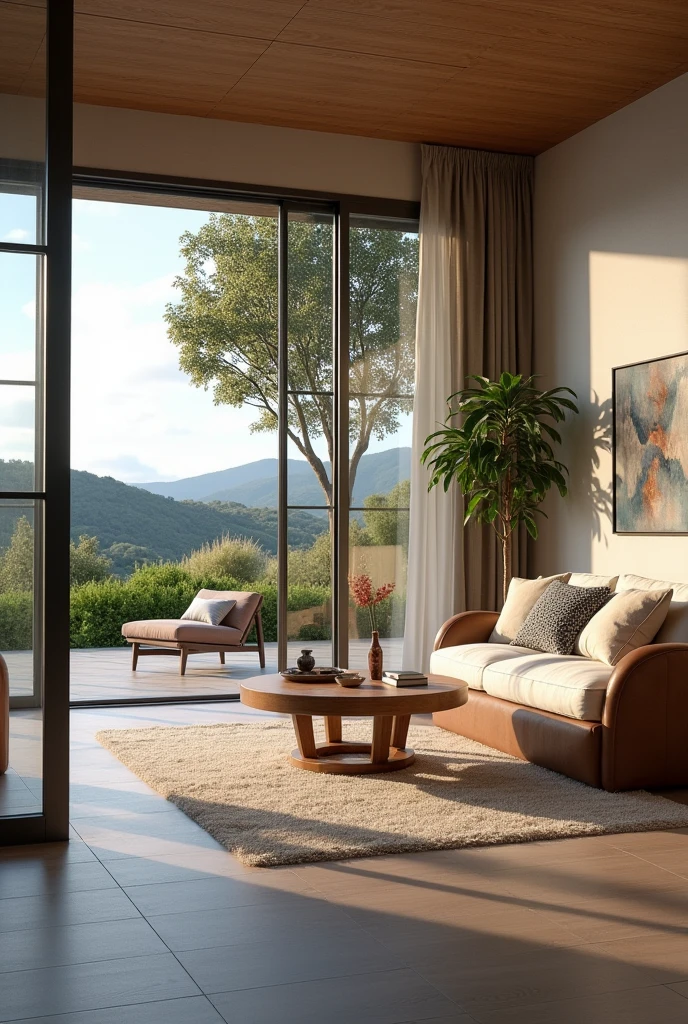 Modern and chic furnished retirement home set up inside a spacious living room with glass doors and windows, on a hill with a flamboyant tree near the door of the house