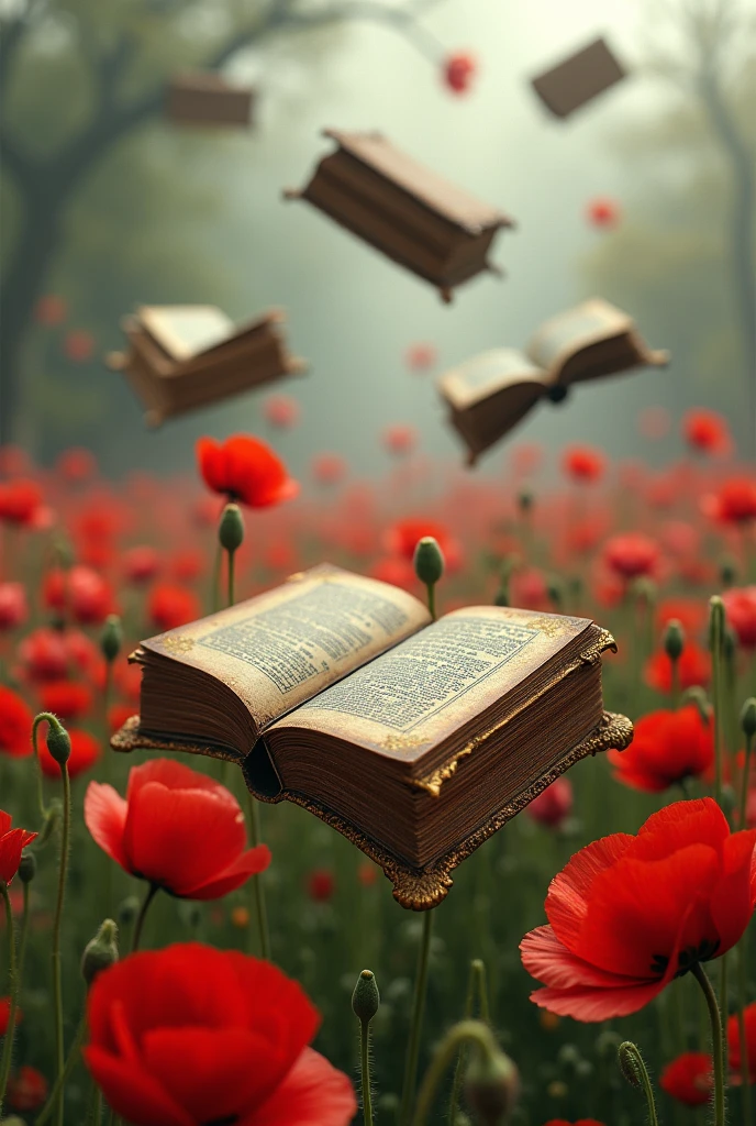 The poppy garden is full of floating books.