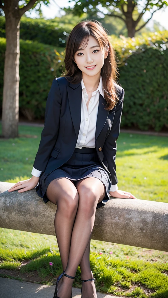 Pure young Japanese girl, sitting in nobody’s park, formal makeup, natural hair style, sexual attractive, shiny white skin, wearing formal jacket and blouse and skirt, shiny pantyhose, high heels, sweet smile, sweet temptation, soft sunlight, professional portrait photography