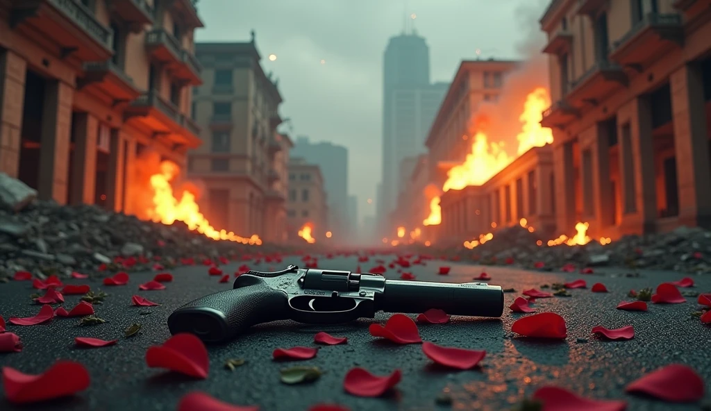 2024; (masterpiece, best quality) destroyed city roses on the floor(Sidney); flowers on the ground; 1firearm Down(close-up); bombs falling from the sky.; fire around.