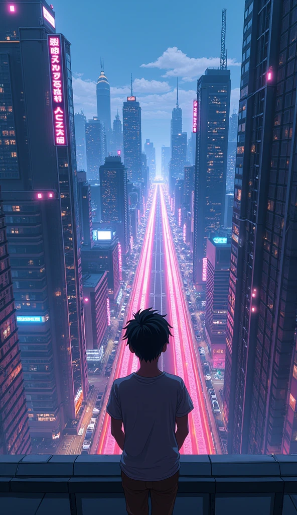 anime cyberpunk theme age boy looking at the city from a balcony overlooking a city(wide angle view)( on the tallest among all skyscrapers building )(glowing effect), makoto shinkai cyril rolando, makoto shinkai. —h 2160, style of makoto shinkai, in style of makoto shinkai, ( ( makoto shinkai ) ), makoto shinkai. digital render, makoto shinkai!, beautiful anime sceneHawaii, gta vice style , illustration , reteo comic illustration