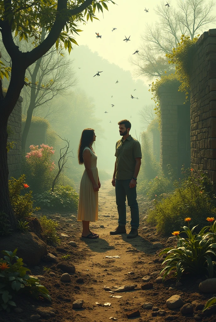 A garden completely destroyed by locusts and a man and a woman crying.