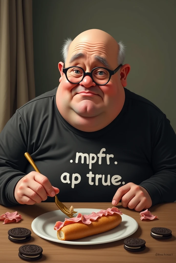 white male, baldie, fatter, cheeky, wrinkled face, Large belly, with glasses, eating baguette bread with ham with several Oreo cookies on a table, wearing a black shirt with the exact word written on it "MPF AP TRUE" .