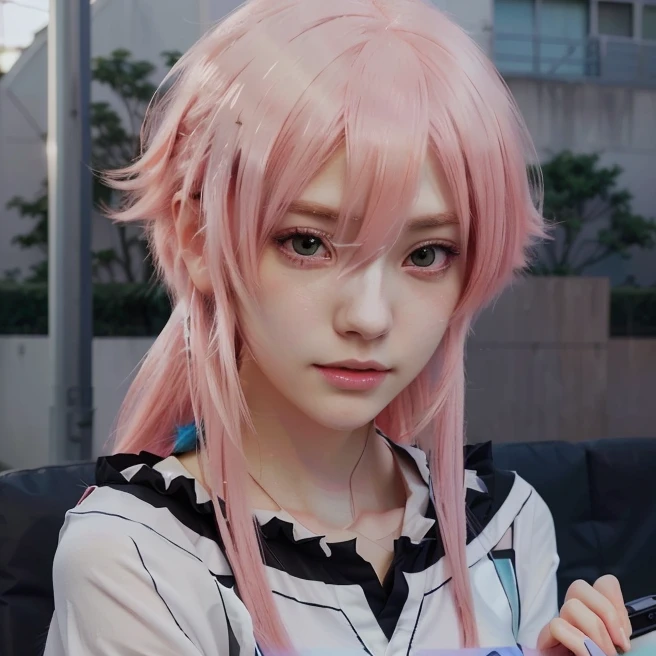 A young, vibrant anime character with flowing pink hair and a monochrome shirt, holding a mobile phone. This visually captivating female anime protagonist, named Lucy, exudes a captivating blend of innocence and intensity, embodying the alluring "gap moe" and "yandere" tropes. The character is depicted in a cel-shaded anime art style, creating a striking, stylized visual that evokes a sense of youthful energy and underlying complexity. The composition focuses on the character's expressive features and dynamic pose, drawing the viewer's attention to the intriguing juxtaposition of her delicate appearance and potentially darker undertones.