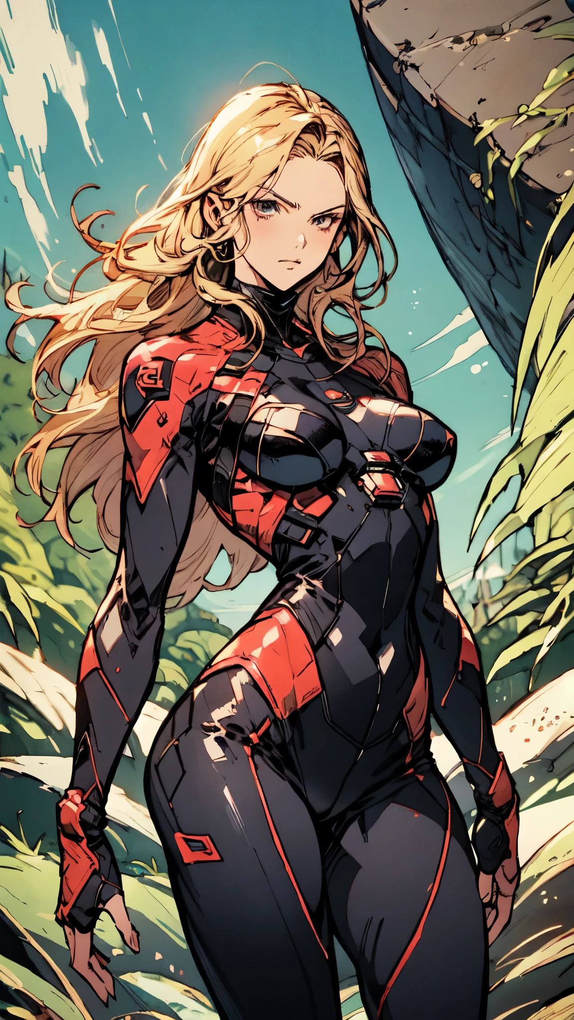 (masterpiece:1.2, best quality:1.2, extremely delicate:1.2), a mature women with long slightly curly brown hair, a well-defined face, intense eyes, a thoughtful expression, brown skin, tall and athletic build, a futuristic fantasy-style blue and black short-sleeved tight-fitting wetsuit, matching trousers, wrist guards, she sits leisurely on a seaside rock, this character embodies a finely crafted futuristic fantasy-style swimmer in anime style, exquisite and mature manga art style, dramatic, high definition, highres, ultra-detailed, ultra-fine painting, professional, perfect body proportions, golden ratio, anatomically correct, symmetrical face, extremely detailed eyes and face, high quality eyes, creativity, RAW photo, UHD, 32k, Natural light, cinematic lighting, (masterpiece-anatomy-perfect:1.2)