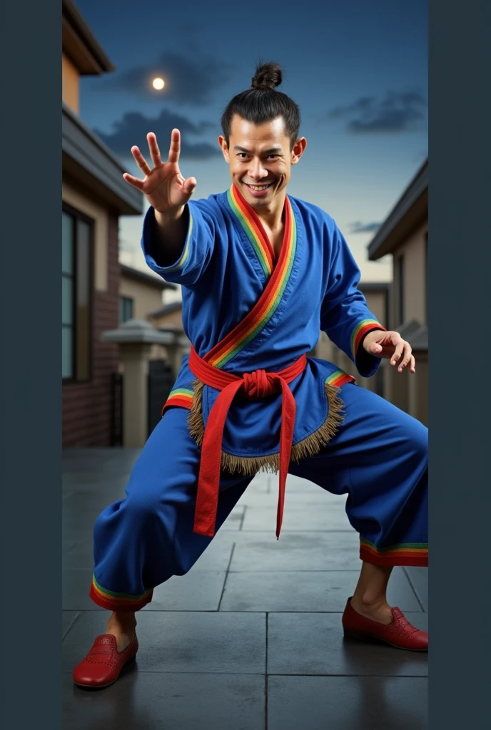 a master of martial arts,displaying his own skills.((laughing,trickster,theatrical,madness, jestering)),((pale blue, dark blue, red, rainbow colours)),(( Full figure wiew)). ((Three quarter wiew)),((deep wiew)),modern suburbs scenario background,photographic,ultra high resolution,hyperdetailed, masterpiece, 3d modelling, digital art.