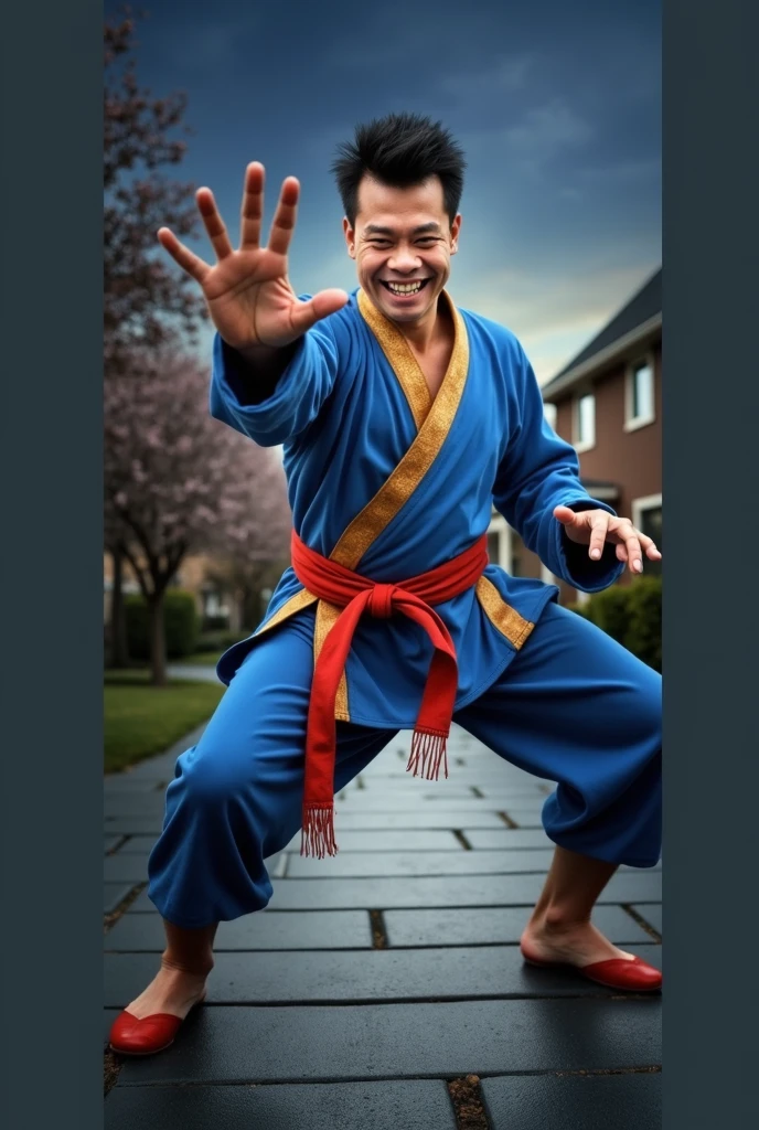 a master of martial arts,displaying his own skills.((laughing,trickster,theatrical,madness, jestering)),((pale blue, dark blue, red, rainbow colours)),(( Full figure wiew)). ((Three quarter wiew)),((deep wiew)),modern suburbs scenario background,photographic,ultra high resolution,hyperdetailed, masterpiece, 3d modelling, digital art.