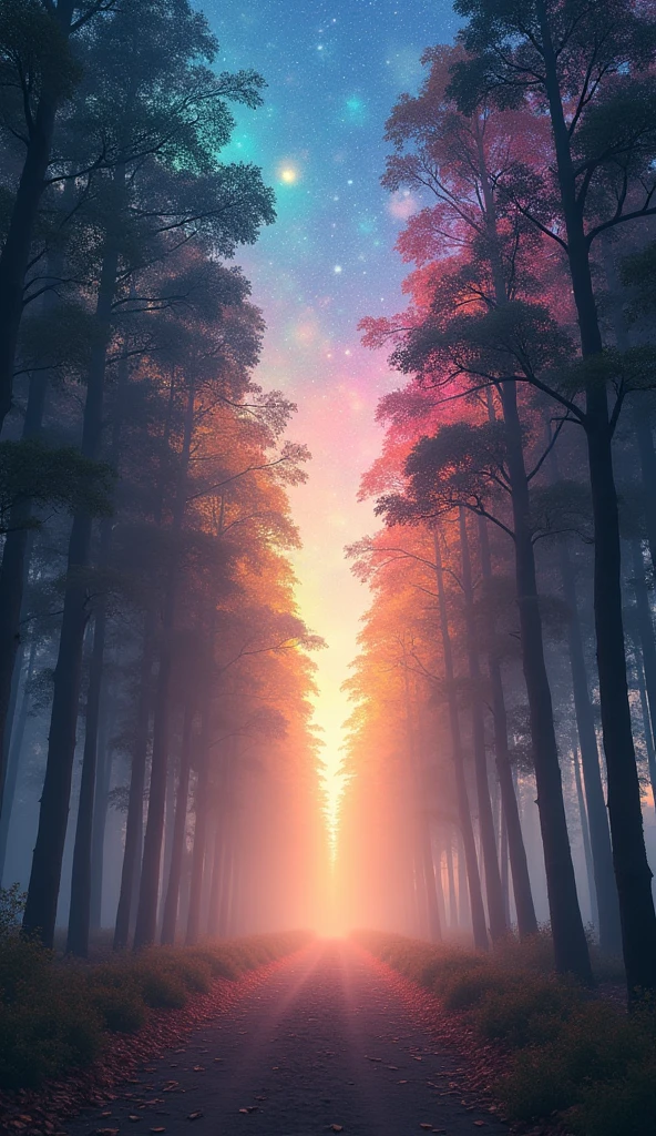 Create a scene showing the boundary between reality and dreams. On one side, show a peaceful forest at sunset with normal trees and soft ground. On the other side, the forest changes into a strange dream world with glowing trees and colorful skies filled with stars. Where the two sides meet, add a soft, glowing mist or light that shows the transition between reality and dreams.