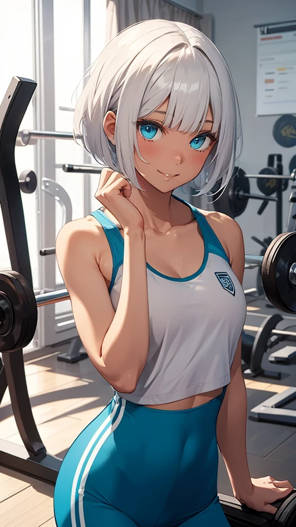 One Girl、独奏, Beautiful silver hair、((((Very short hair))))、Blue eyes、(hair band)、((Blunt bangs)), ((Medium Chest)), 24-years-old, (tsurime), Tight waist, Anime Style、White tank top、Shiny turquoise blue leggings、Natural smile、Very cute face、 sexy pose, bewitching pose, Model Pose, In the training room、At the gym、Depth of written boundary、cowboy shot